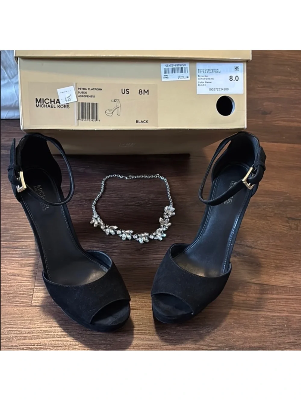 Michael Kors Black Suede Platform Sandals with Gold 3D Heel